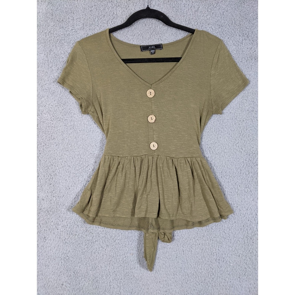 Vibe Sportswear Peplum Top Womens XS Olive Green Tie Back V Neck Boho Feminine